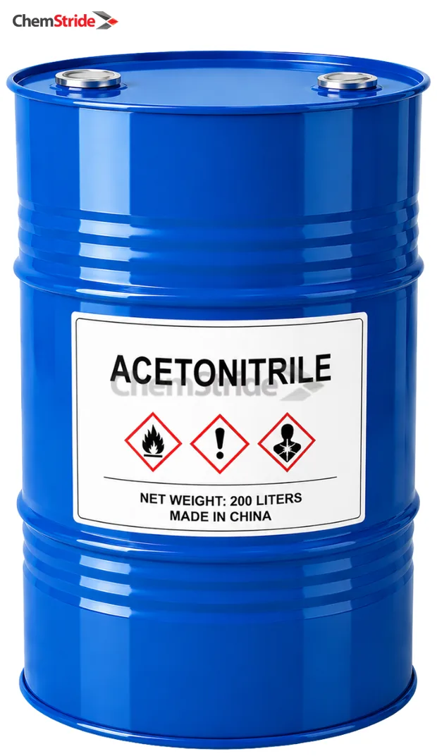 Acetonitrile packaging as supplied by ChemStride