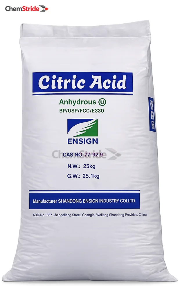 Citric Acid Anhydrous Ensign packaging as supplied by ChemStride