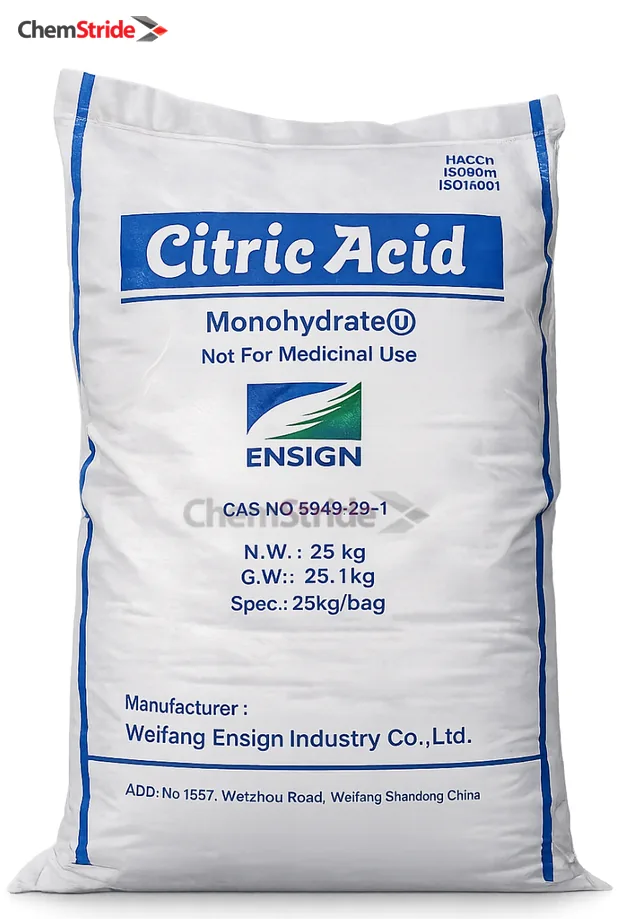 Citric Acid Monohydrate Ensign packaging as supplied by ChemStride