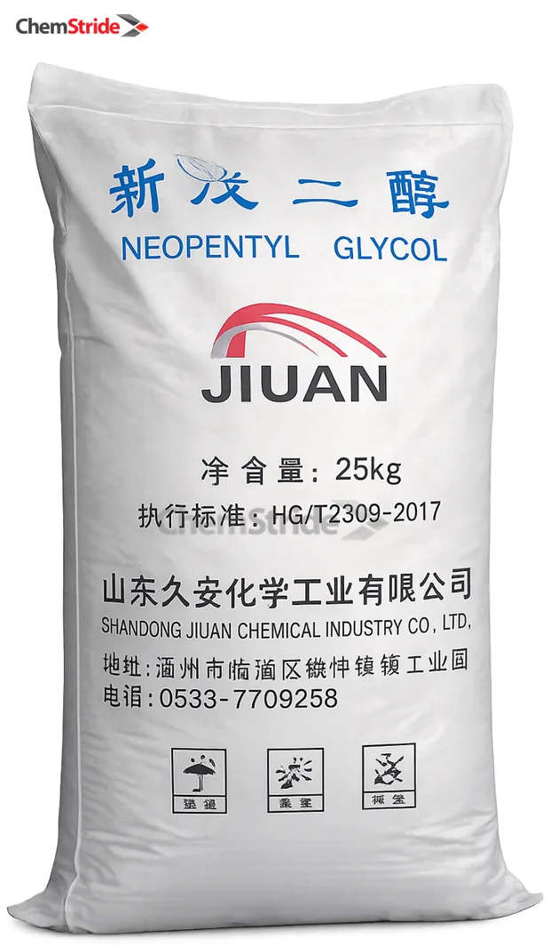 Neopentyl Glycol (NPG) Jiuan packaging as supplied by ChemStride