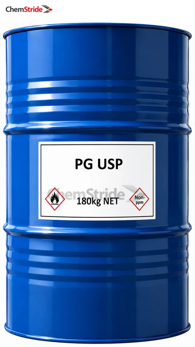 Propylene Glycol USP packaging as supplied by ChemStride